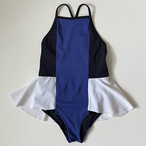 Motoreta Girl’s Ruffled Blue, Black & White Colorblock Swimsuit - Size 6-7Y